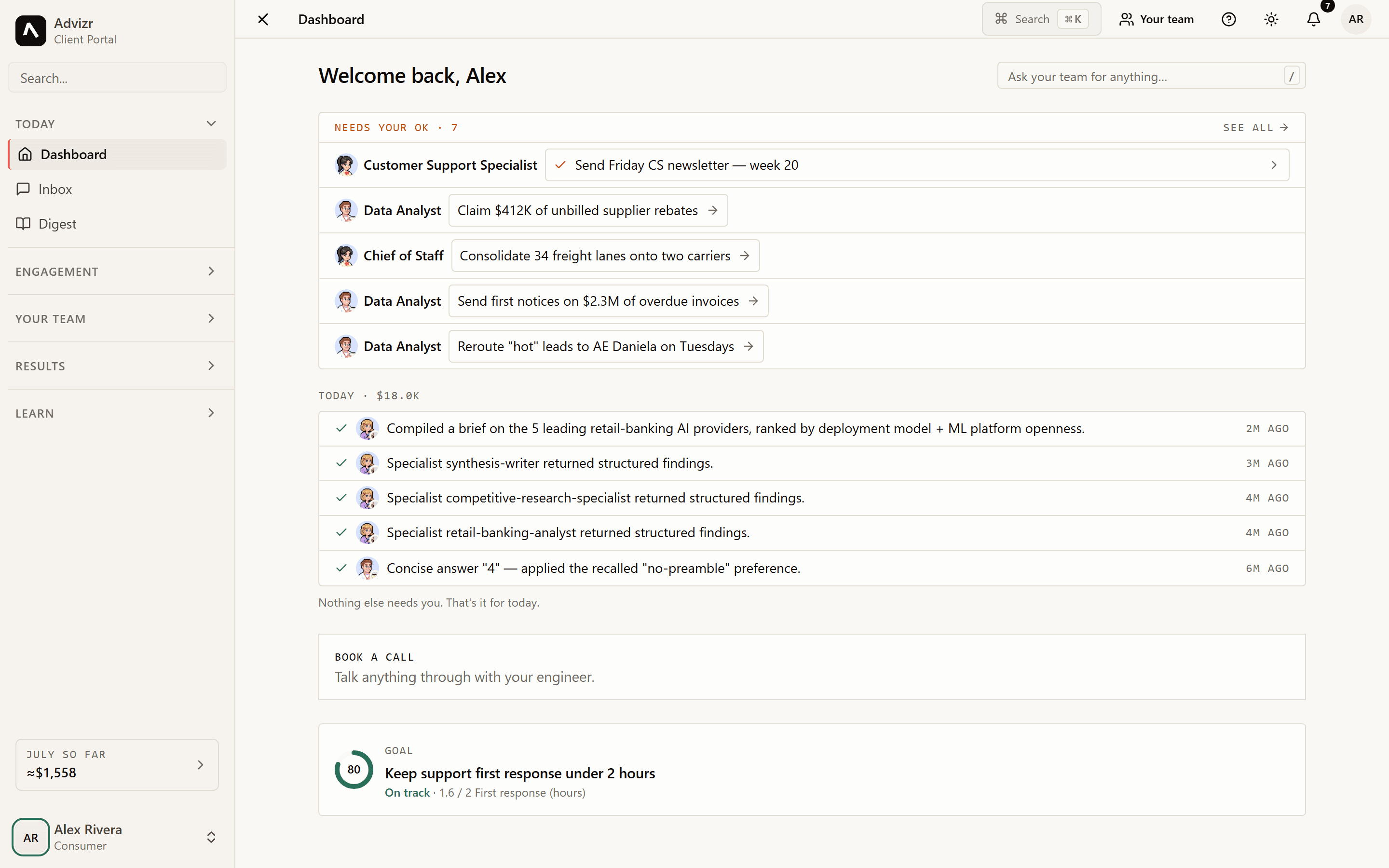 The platform dashboard: the morning brief and the short list waiting on your OK