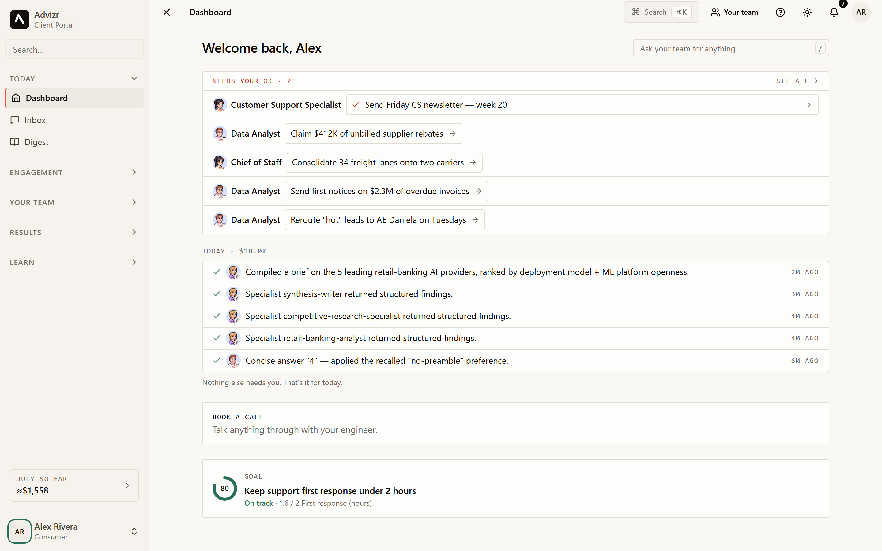 The platform dashboard: the morning brief and the short list waiting on your OK