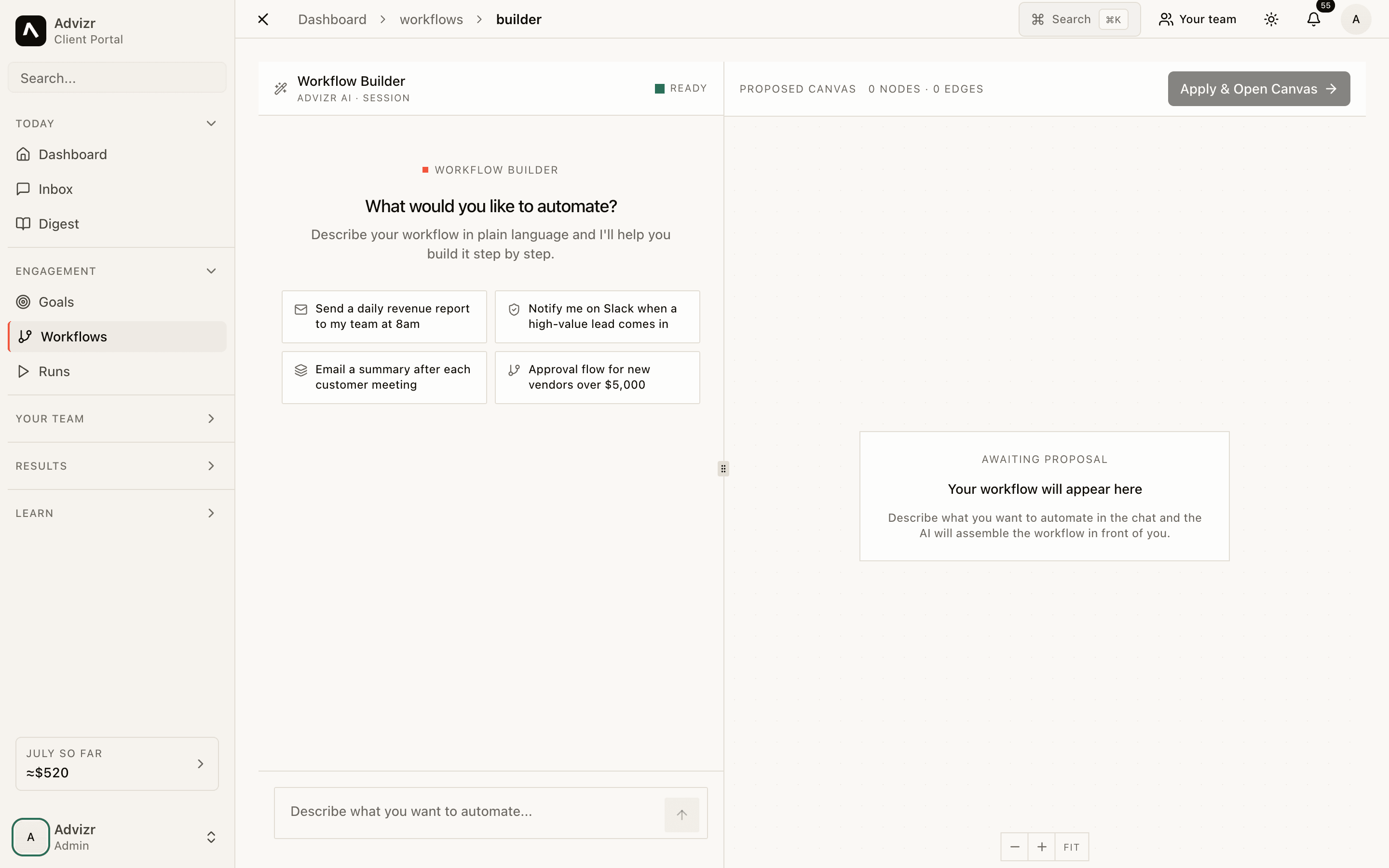 The workflow builder: describe an automation in plain language, get a runnable canvas